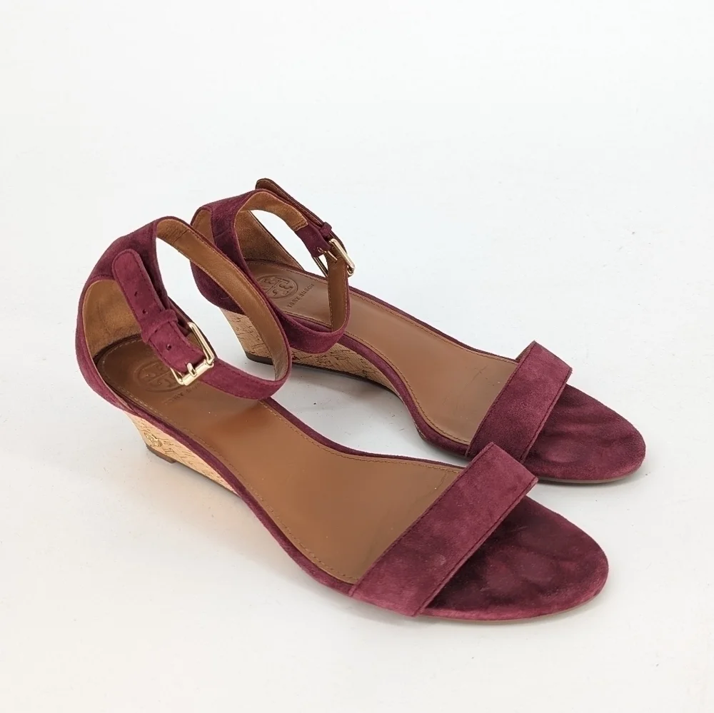 Tory Burch Savannah Suede Cork Wedge Purple 8.5 open toe summer preppy casual